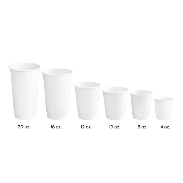 A row of white Choice double wall paper hot cups.