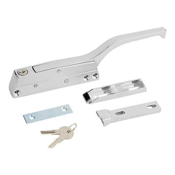 A Kason silver mechanical latch with a cylinder lock and offset handle.