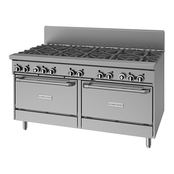 A large stainless steel commercial gas range with ten burners and two ovens.