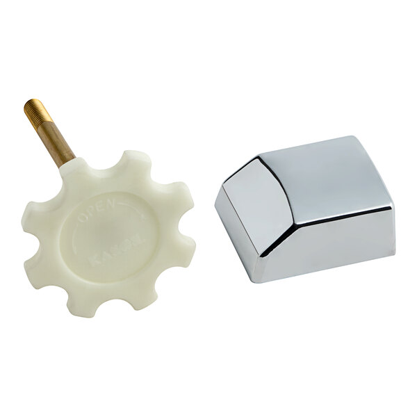 A chrome Kason quarter turn latch with a silver block and white gear shaped knob.
