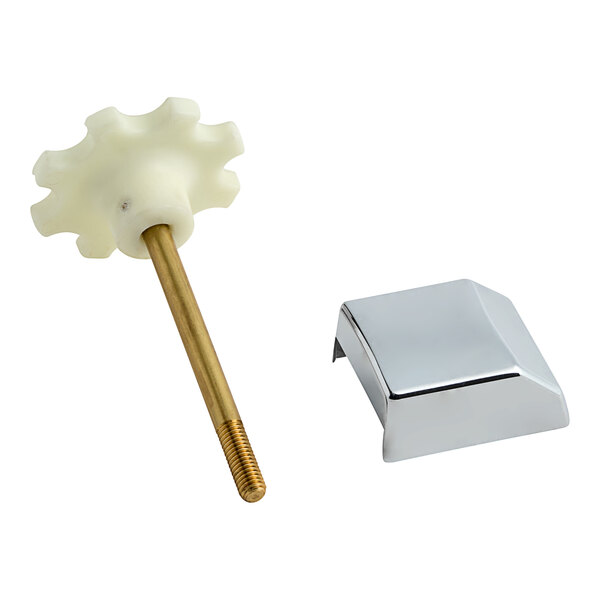 A white gear wheel and a silver metal piece with a gold stick on a white background.