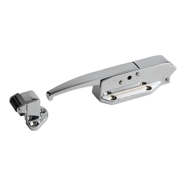 A polished chrome latch with a matching strike plate, both featuring mounting holes and a sleek, modern design.