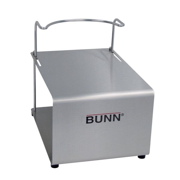 A silver rectangular Bunn tall booster airpot stand with black text and a metal handle.