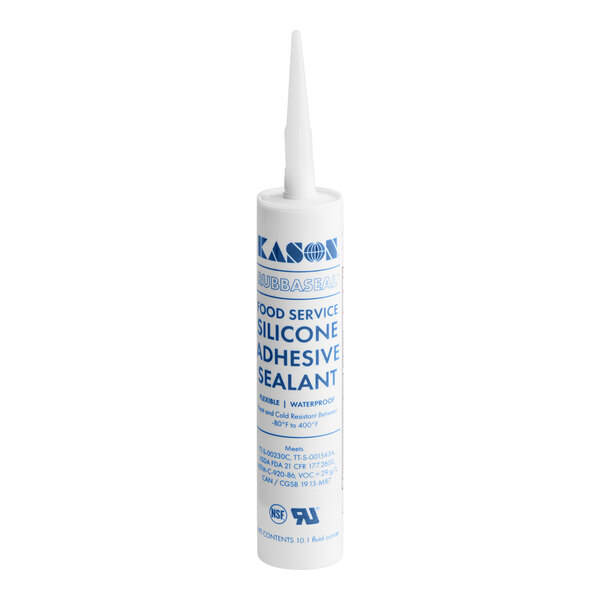 A white Kason RubbaSeal silicone caulk tube with blue text.
