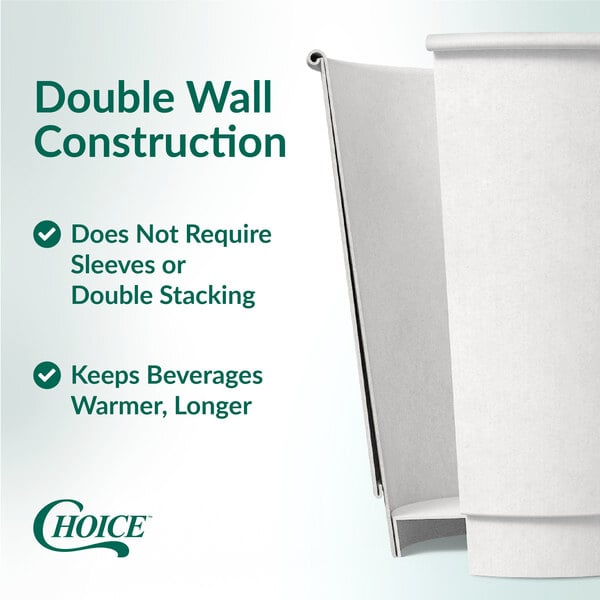 A white 12 oz. double wall paper hot cup designed to keep beverages warmer for longer without needing sleeves.