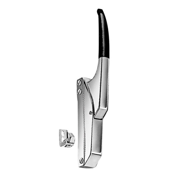 A metal latch with a black handle.