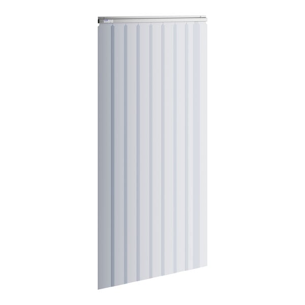 A white vertical strip curtain with black lines on the edges.