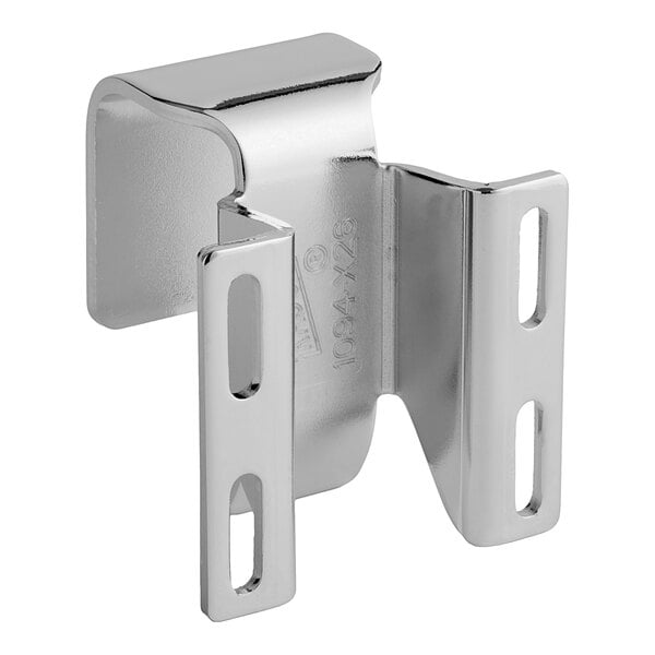A polished chrome metal bracket with two holes.