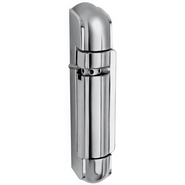 A chrome Kason adjustable spring hinge with a silver handle.