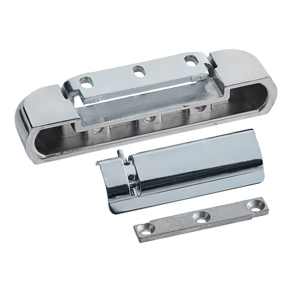 A chrome plated metal Kason 218 adjustable spring hinge with holes.