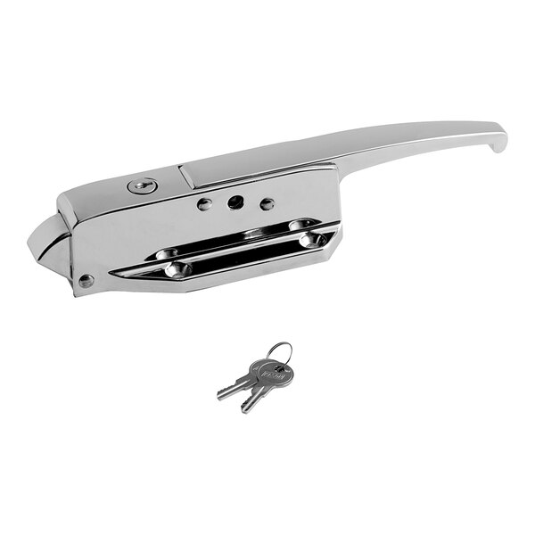 A close-up of a Kason radial latch body for a polished chrome handle with a key.