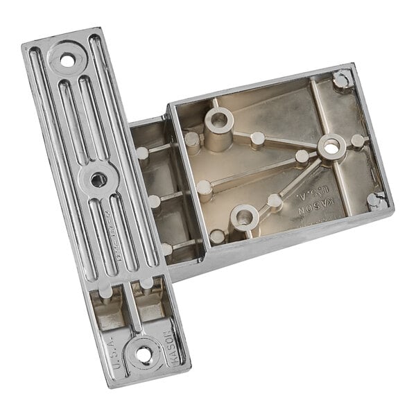 A Kason Pacesetter hinge with a metal plate and screws.