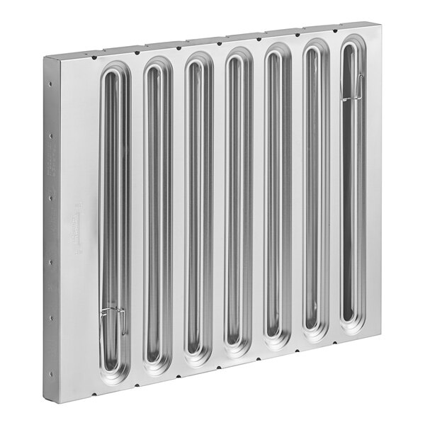 A close-up of a Kason aluminum grease filter panel with rows of holes.