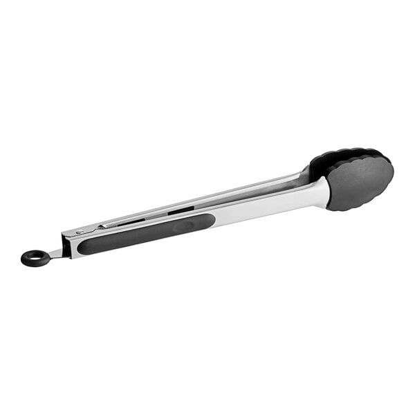 A Tablecraft tongs with a black silicone and stainless steel handle.