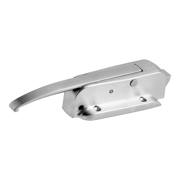 A close-up of a brushed chrome Kason SafeGuard latch body.