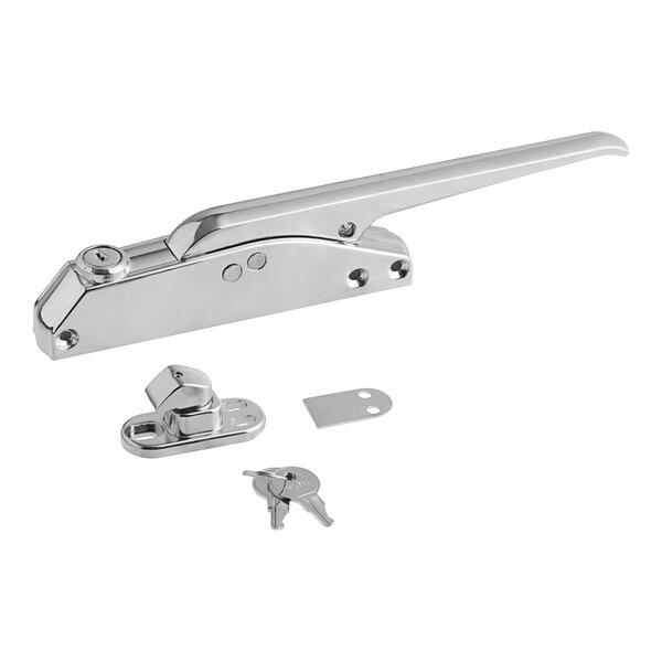 A silver Kason 538 Edgemount latch and cylinder lock with keys.