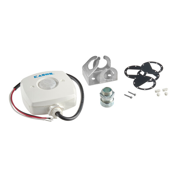 A white Kason motion sensor with black and metal parts.
