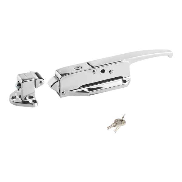 A silver Kason SafeGuard rolling radial latch with a chrome cylinder lock and heavy spring.