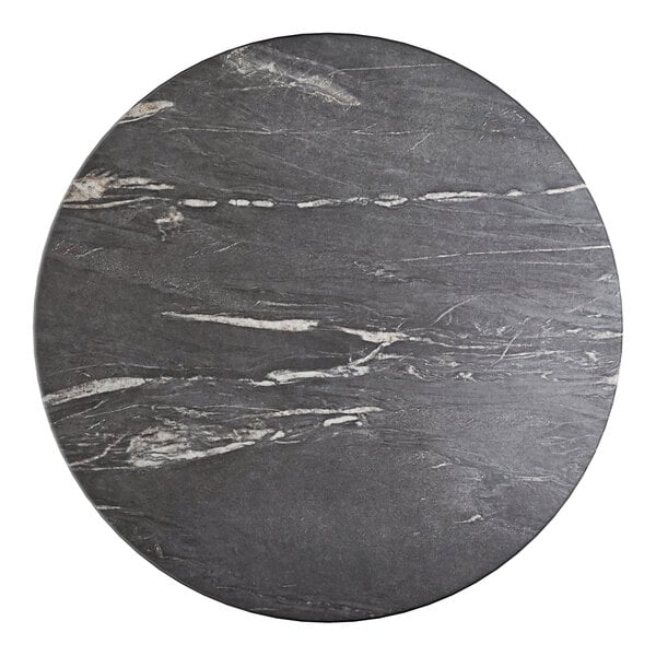 A round 32-inch table top with a smooth, dark Letizia finish and subtle white veining.