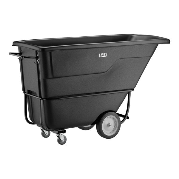 A black standard-duty tilt truck or trash cart with a 1 cubic yard capacity and wheels for easy transport.