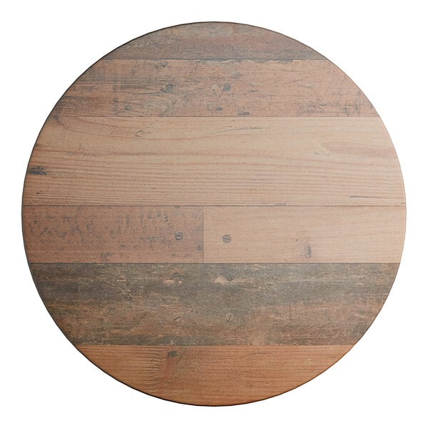 A 24-inch round table top with a textured farmhouse wood finish.