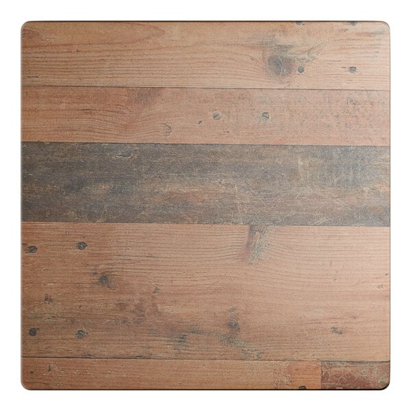 A square table top with a textured farmhouse wood finish.