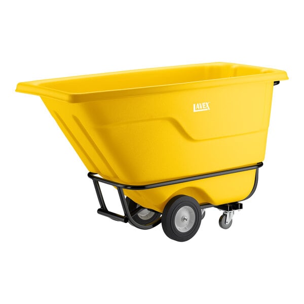 A yellow heavy-duty tilt truck or trash cart with a 0.5 cubic yard capacity and wheels for easy transport.