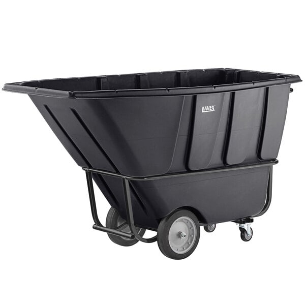 A black plastic container on wheels.