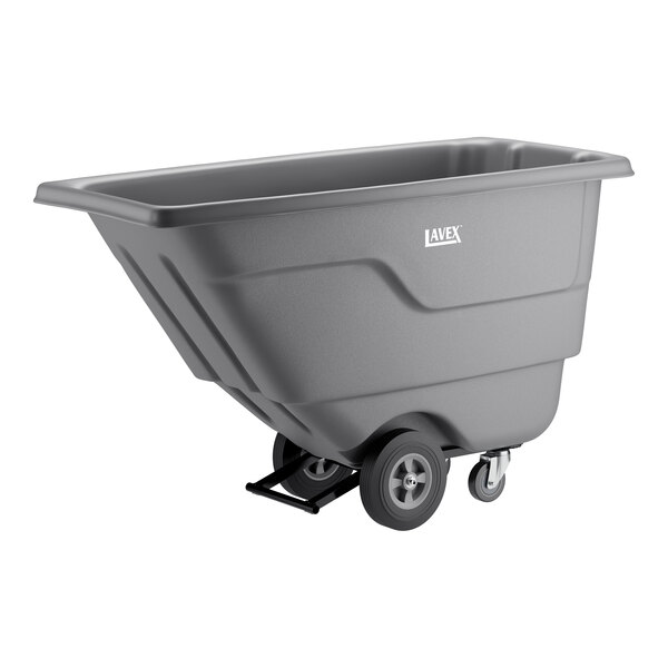 A gray Lavex tilt truck or trash cart with a 0.5 cubic yard capacity and wheels for easy transport.