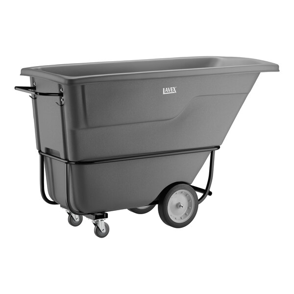 A gray standard-duty tilt truck or trash cart with a 1 cubic yard capacity and wheels for easy transport.