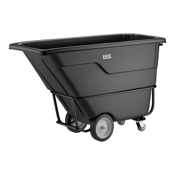 A black heavy-duty tilt truck or trash cart with a 1 cubic yard capacity and sturdy wheels.