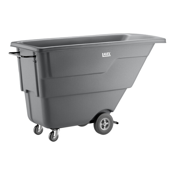 A gray light-duty tilt truck or trash cart with a 1 cubic yard capacity and four wheels.
