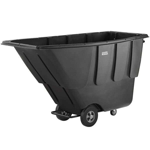 A black plastic garbage bin on wheels.