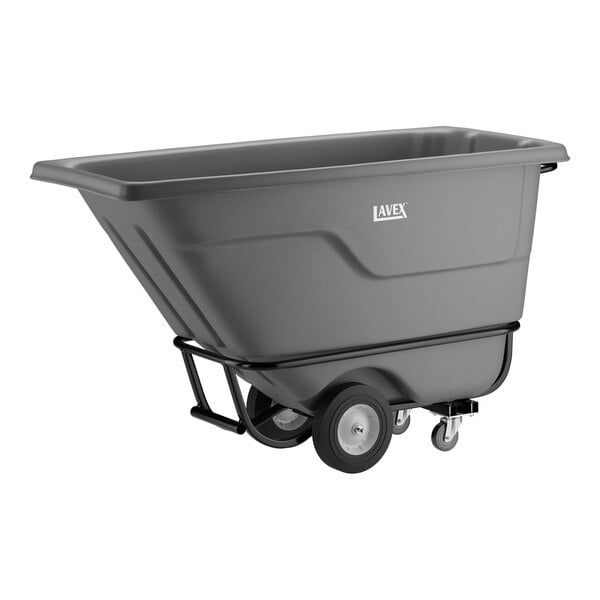 A gray heavy-duty tilt truck or trash cart with a 0.5 cubic yard capacity and four wheels, designed for transporting large loads.
