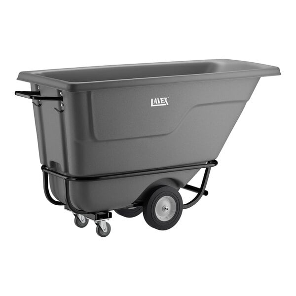 A gray heavy-duty tilt truck or trash cart with a 0.5 cubic yard capacity and sturdy wheels, designed for transporting large loads.
