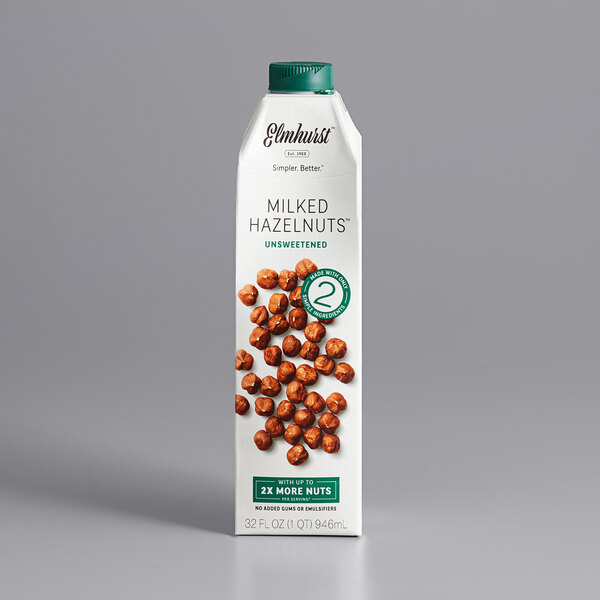 A case of Elmhurst Unsweetened Milked Hazelnuts on a white background.
