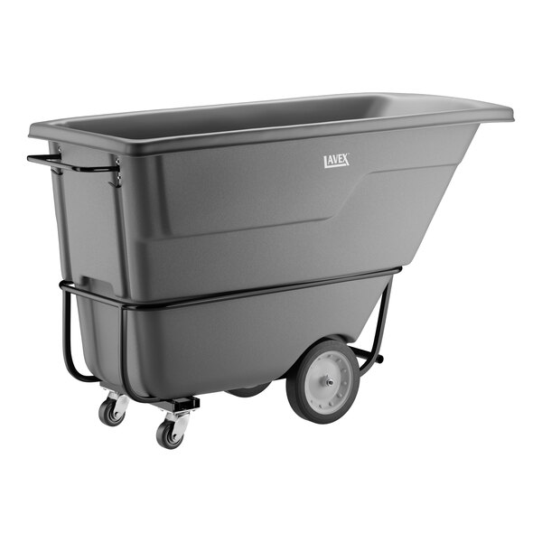 A gray heavy-duty tilt truck or trash cart with a 1 cubic yard capacity and four wheels.