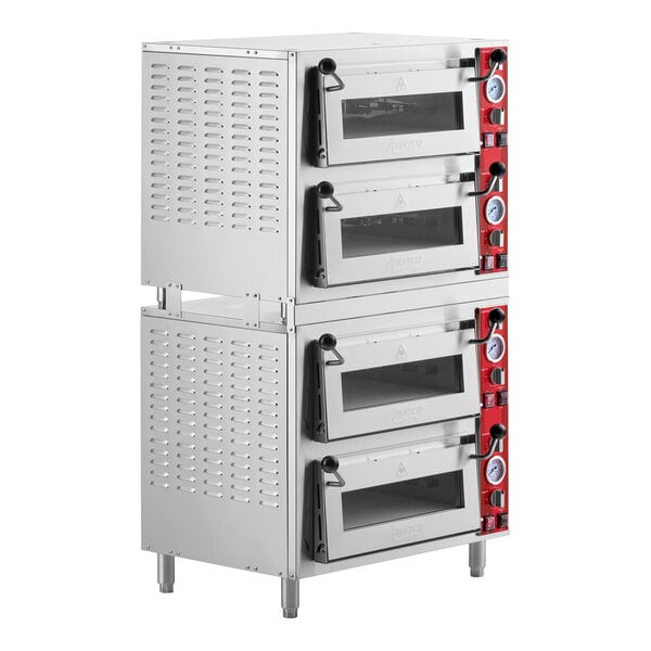 A quadruple deck pizza and bakery oven with four independent chambers and red control panels on the right side.