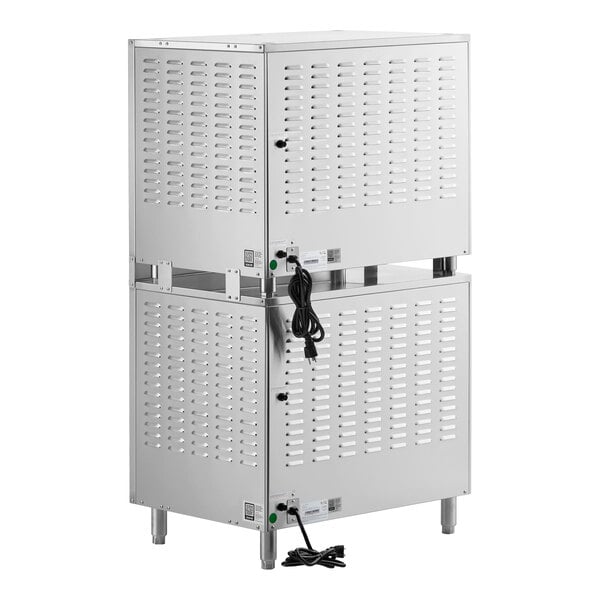 A stainless steel quadruple deck pizza and bakery oven with four independent chambers and two power cords.