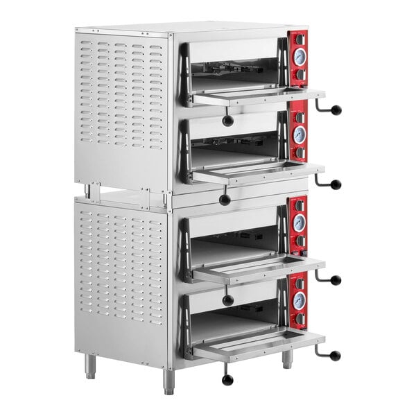 A quadruple deck pizza and bakery oven with four independent chambers and red control panels.