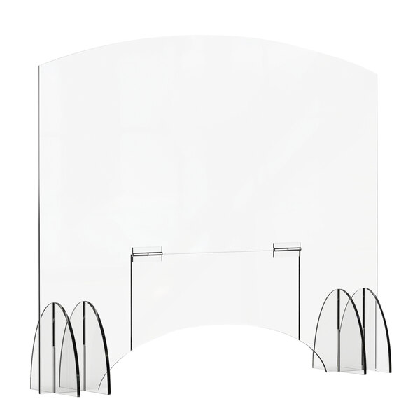 A clear acrylic screen with curved corners and metal legs.