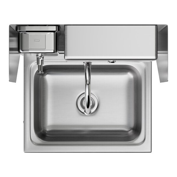 A top view of a Regency stainless steel hand sink with a faucet and drain.