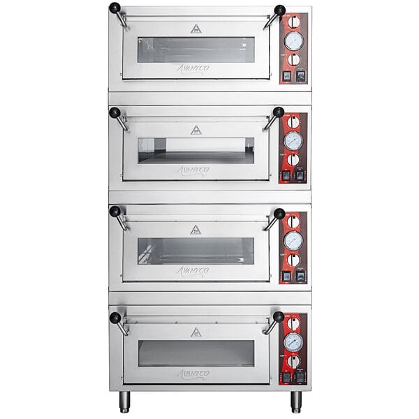 A stack of silver Avantco countertop pizza ovens.