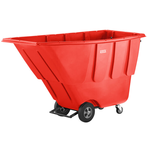 A red plastic container with wheels.