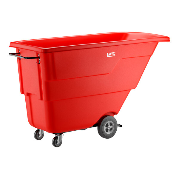 A red light-duty tilt truck or trash cart with a 1 cubic yard capacity and four wheels.