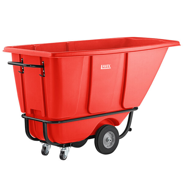 A red plastic Lavex tilt truck with black wheels.