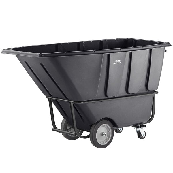 A black plastic container on wheels.