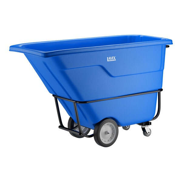 A blue heavy-duty tilt truck or trash cart with a 1 cubic yard capacity and sturdy wheels.