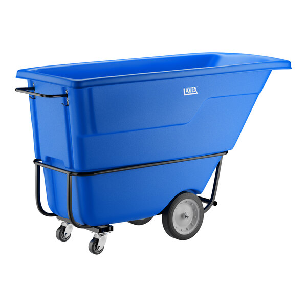 A blue heavy-duty tilt truck or trash cart with a 1 cubic yard capacity and large wheels.