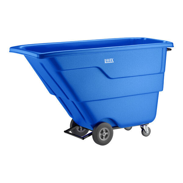 A blue light-duty tilt truck or trash cart with wheels and a large open top.